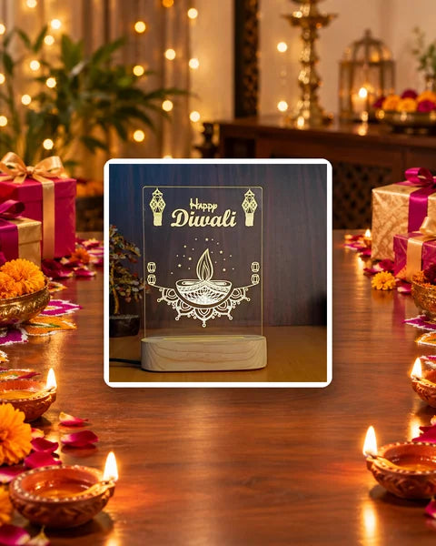 Happy Diwali Diya Lamp on a festive table with diyas and marigolds