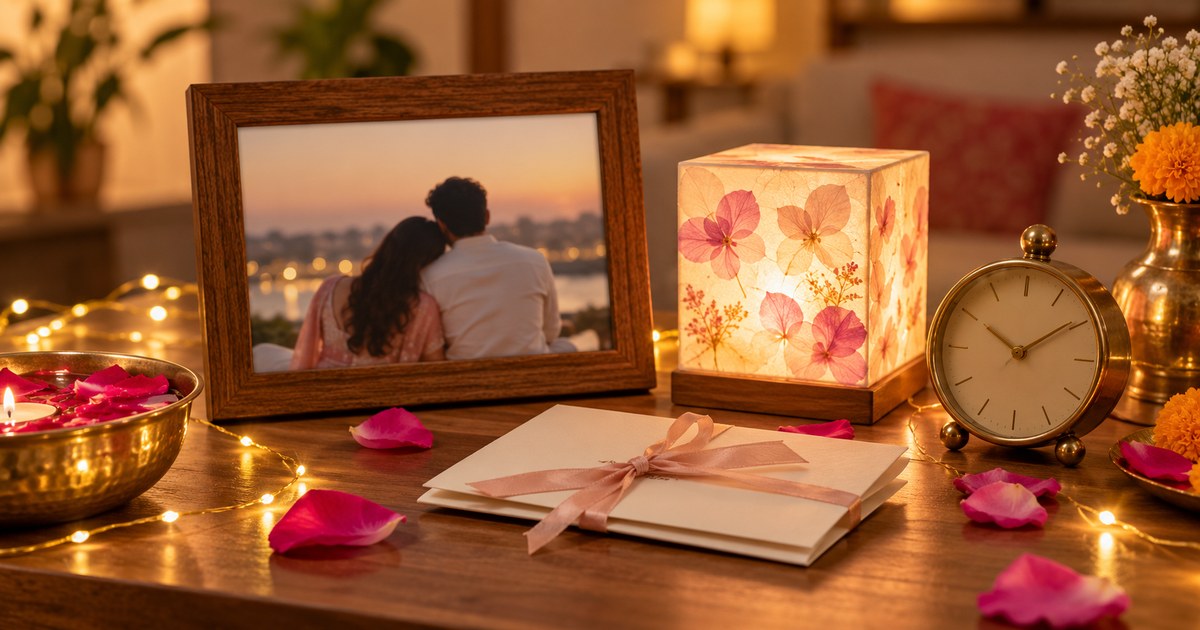 Couple photo frame, warm lamp, folded love note and small vintage clock on a table with rose petals and fairy lights