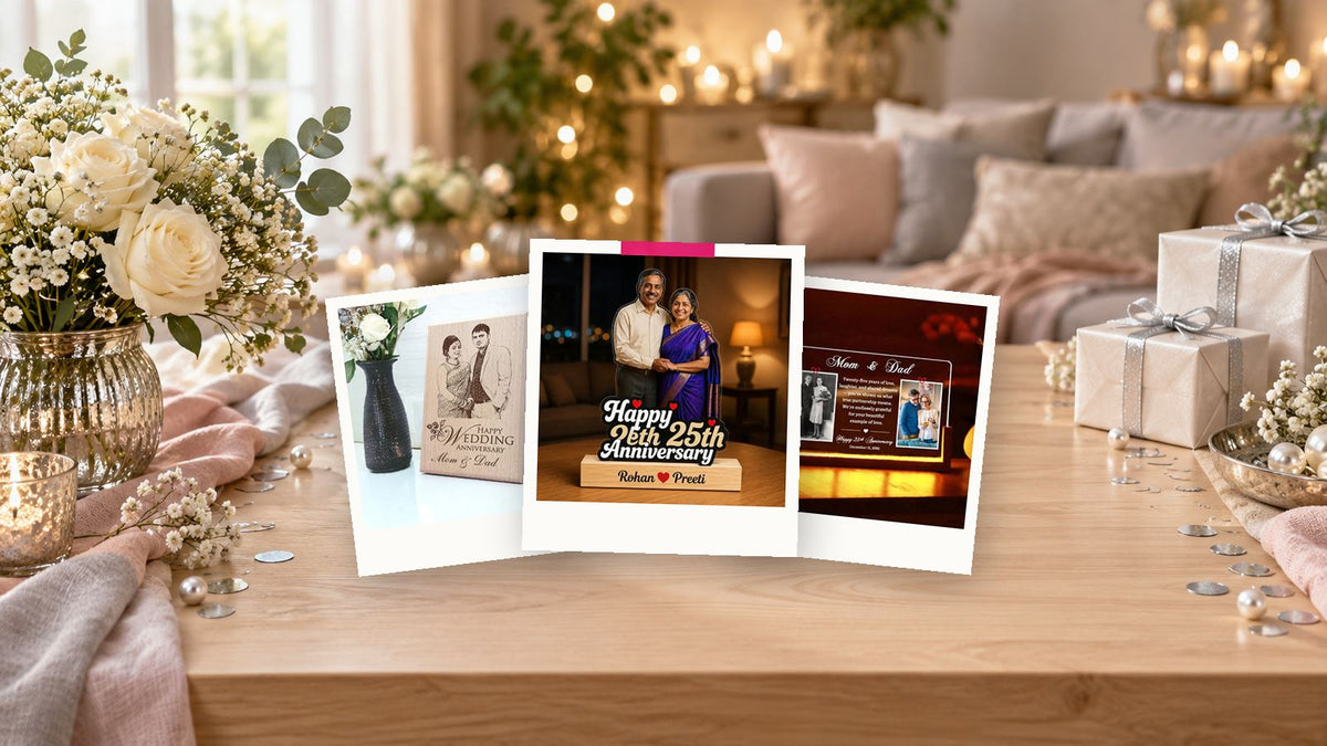 25th anniversary gifts for parents: jubilee caricature, engraved wooden frame and LED photo frame from WeHatke