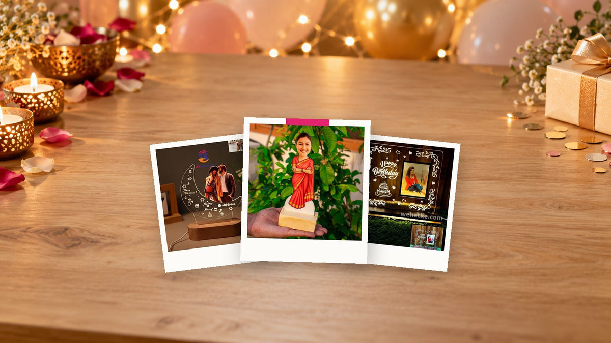 Personalised surprise gifts: a couple moon lamp, a caricature of mom in a saree and a birthday photo lamp on a table with candles and balloons