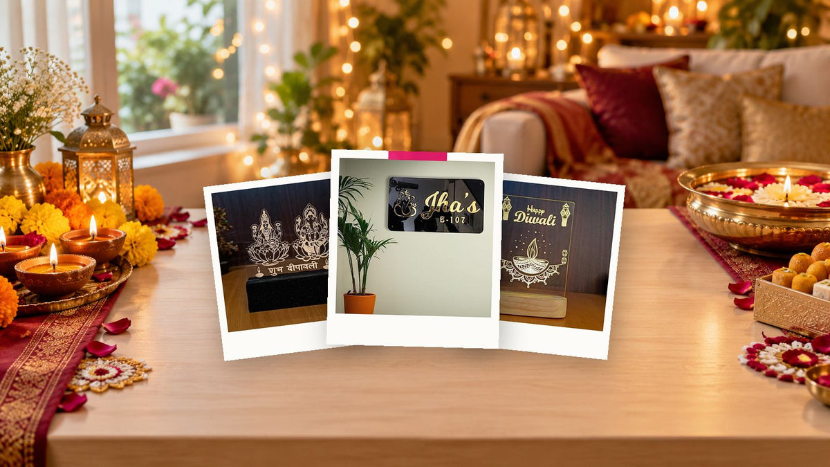 Diwali gifts for family: golden letter door name plate, Laxmi Ganesh lamp and Happy Diwali diya lamp from WeHatke