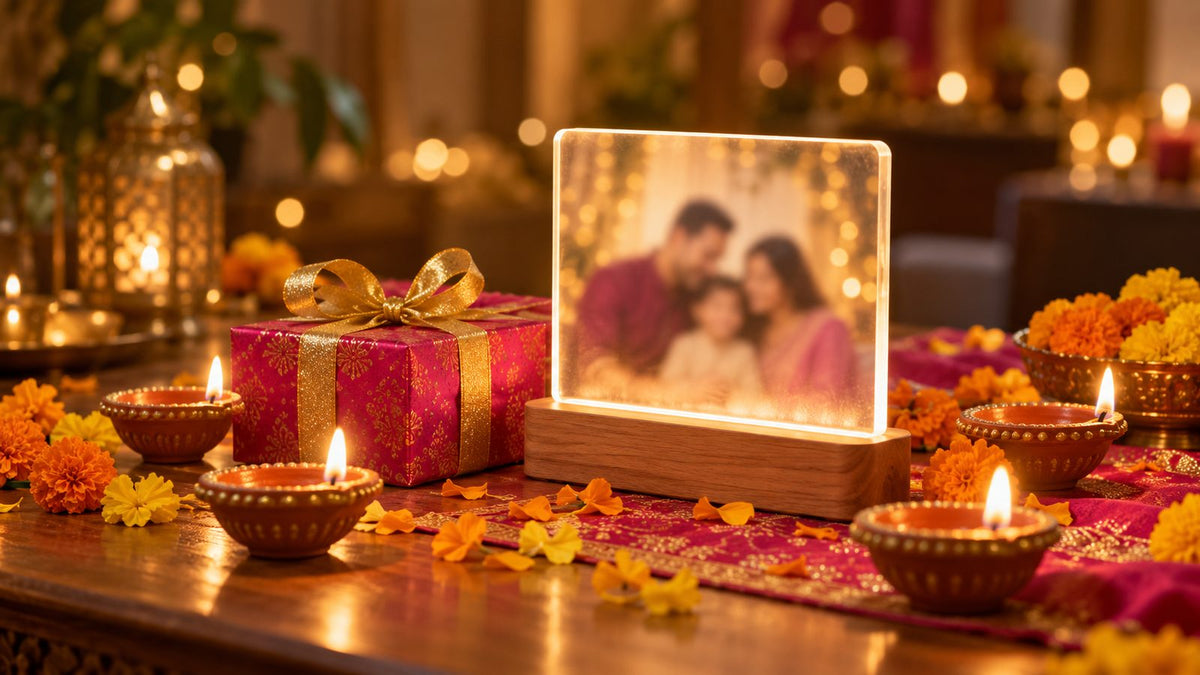 Diwali gift ideas: glowing personalised family photo lamp with a wrapped gift, diyas and marigolds