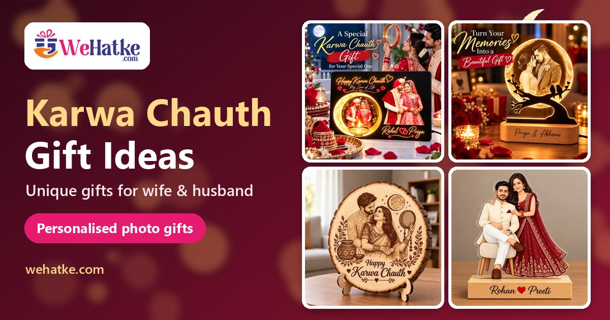 Karwa Chauth gift ideas: personalised photo lamp, moon lamp, engraved wooden slice and couple standee from WeHatke