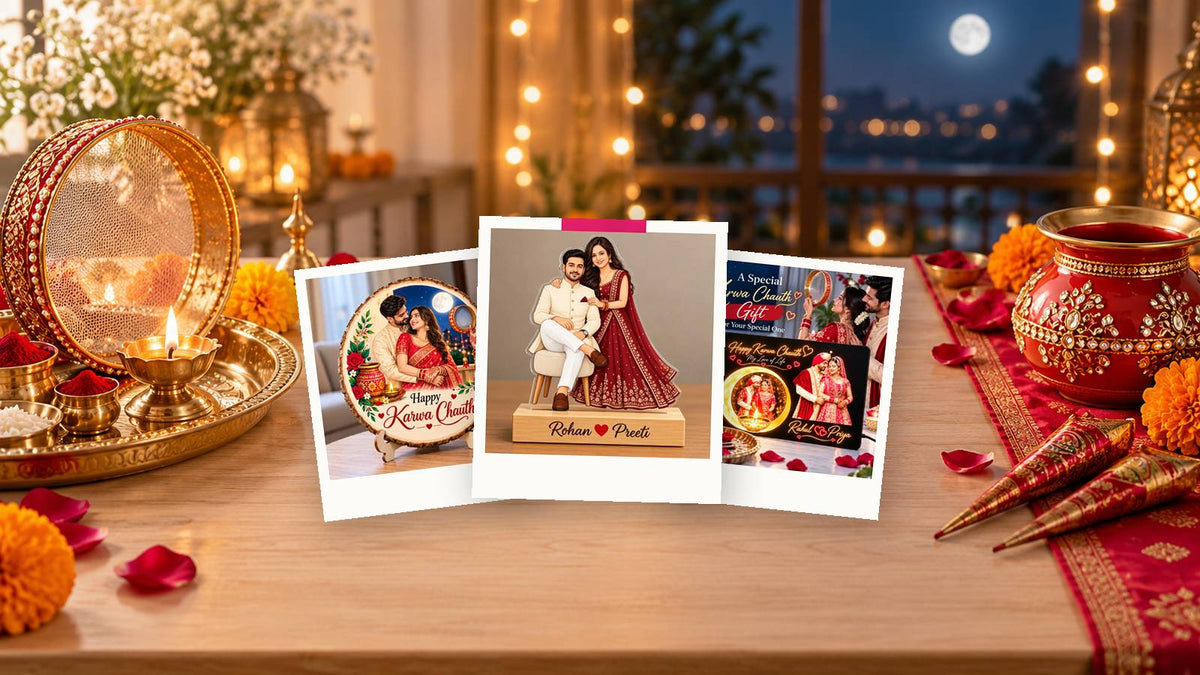 Karwa Chauth gifts: couple caricature standee, wooden photo slice and photo lamp from WeHatke on a festive table