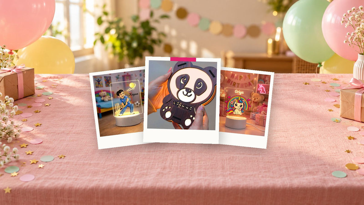 Return gifts for kids: personalised cricket lamp, wooden panda lamp and unicorn night lamp from WeHatke on a party table