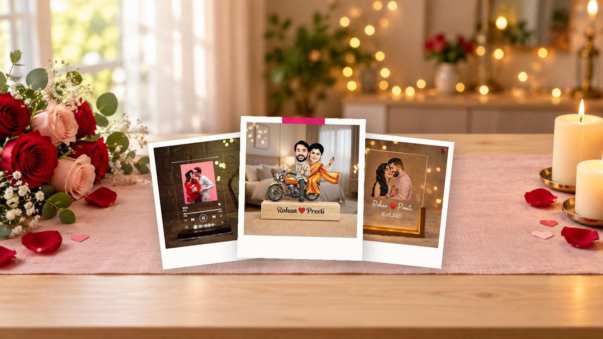1st anniversary gifts for boyfriend: couple bike caricature, photo song plaque and photo lamp from WeHatke