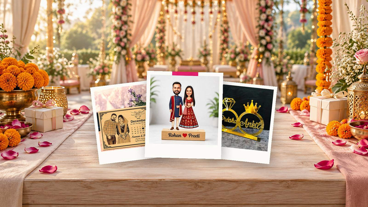 Wedding gifts for friends: couple caricature, date calendar photo frame and golden name ring stand from WeHatke