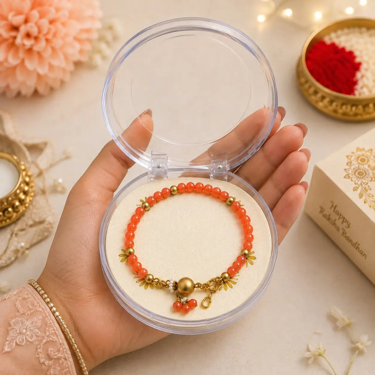 Designer Pearl & Bead Rakhi with Golden Charms |