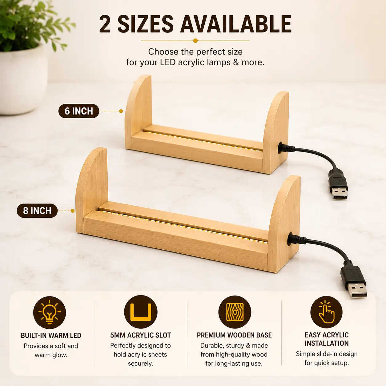 Premium Wooden USB LED Acrylic Lamp Stand .