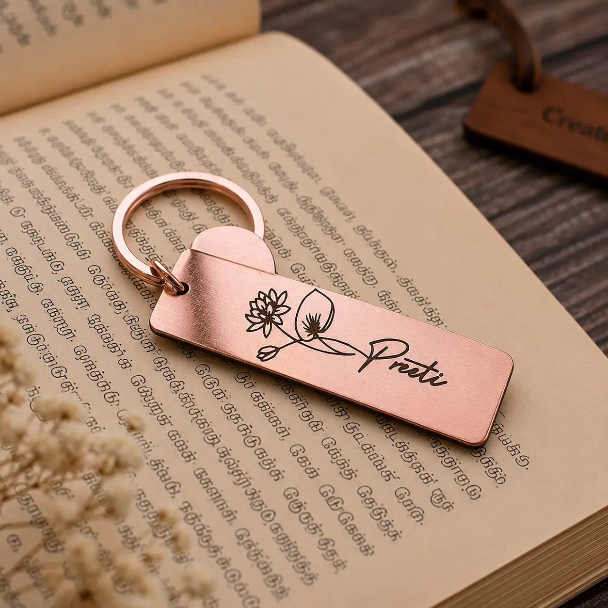 Personalized Name & Flower Engraved Metal Keychains