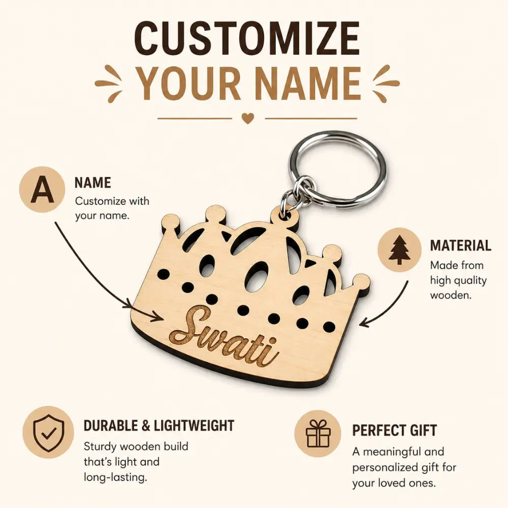 Personalized Wooden Crown Keychain with Name