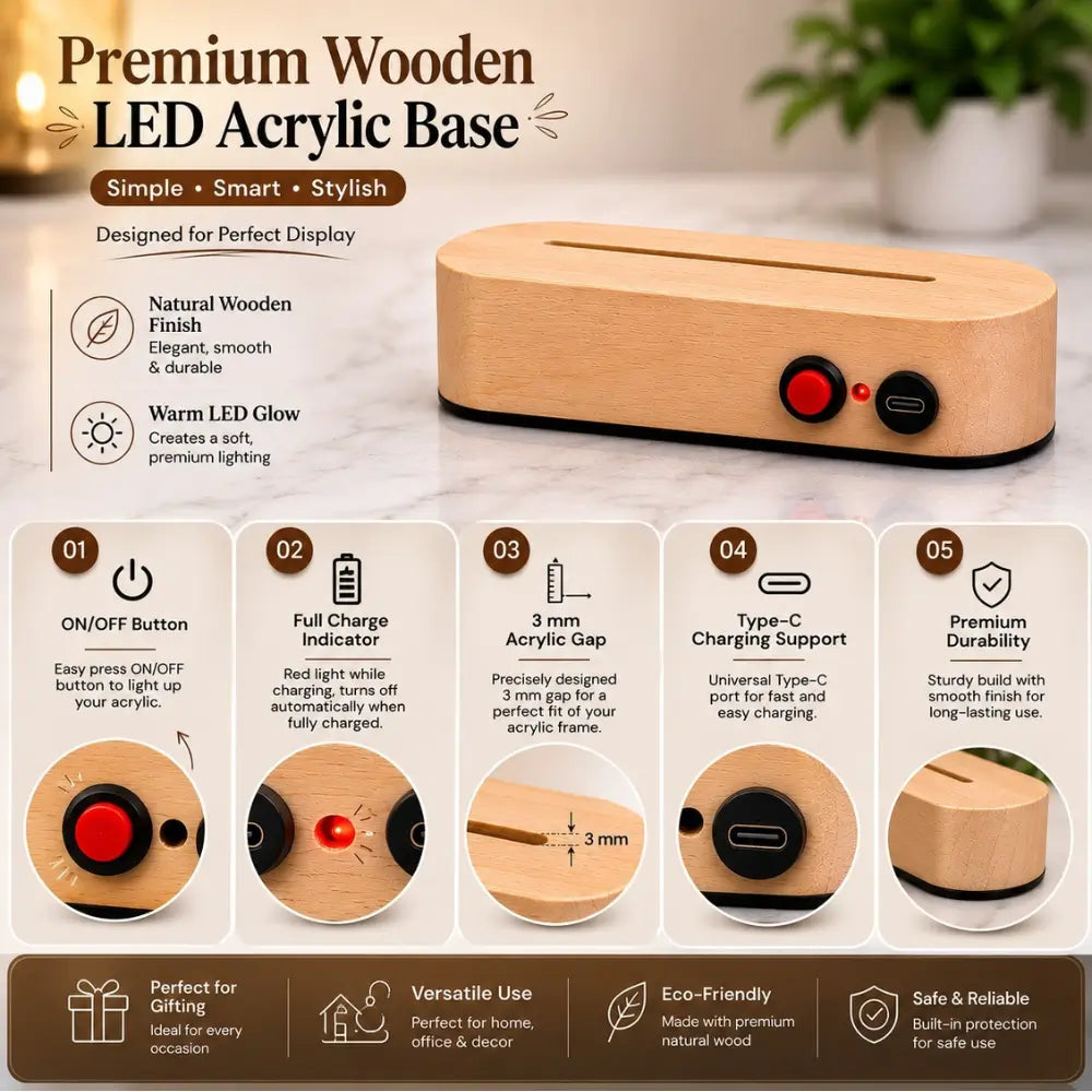 Rechargeable Wooden LED Lamp Base with USB Type-C