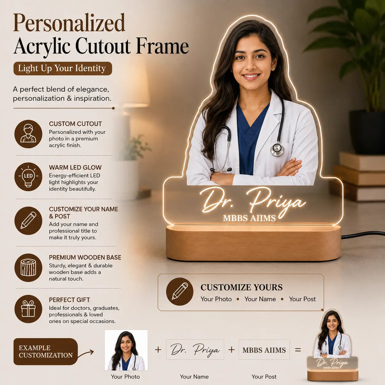 Personalized Doctor Acrylic LED Name Display with Custom Photo & Profession Details .