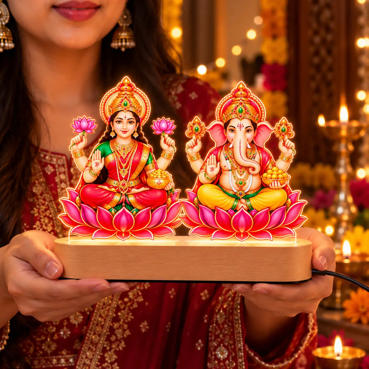 Lakshmi Ganesh LED Table Lamp with Colorful Lotus Artwork |