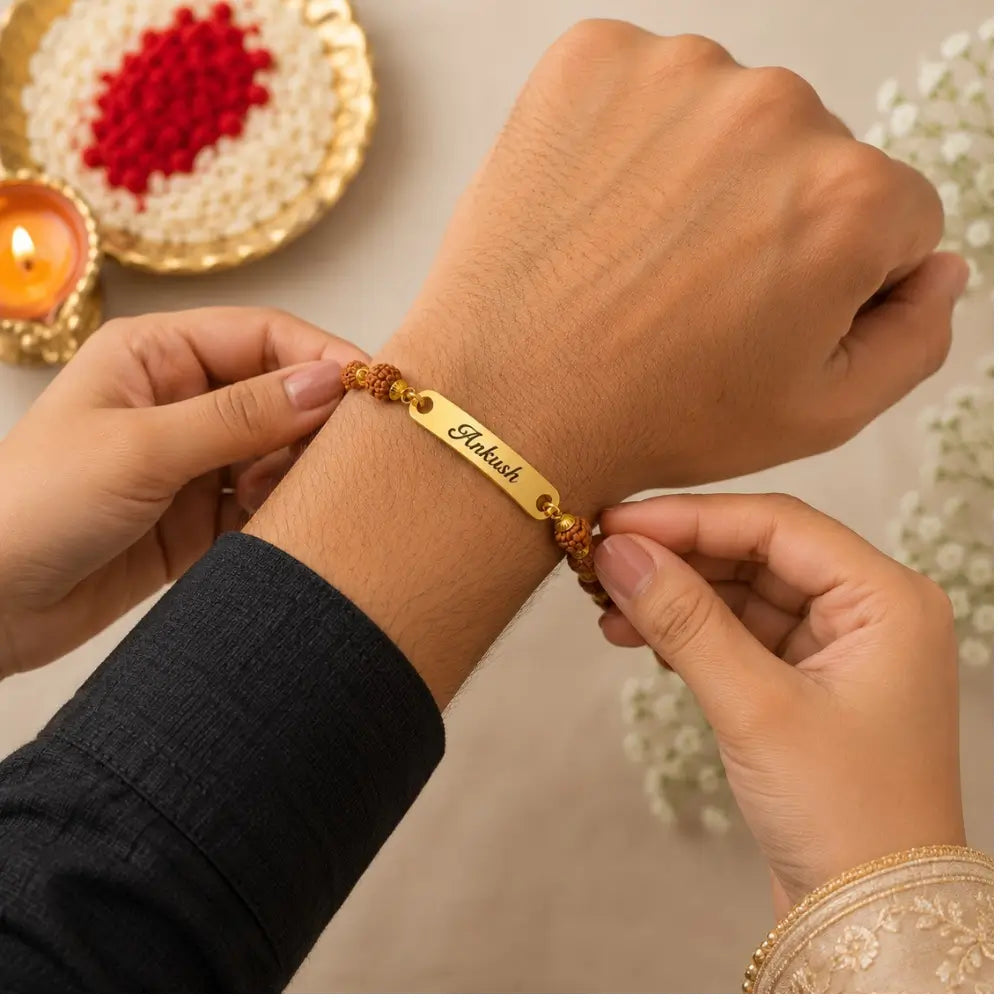 Personalized Rudraksha Name Rakhi for Brother.