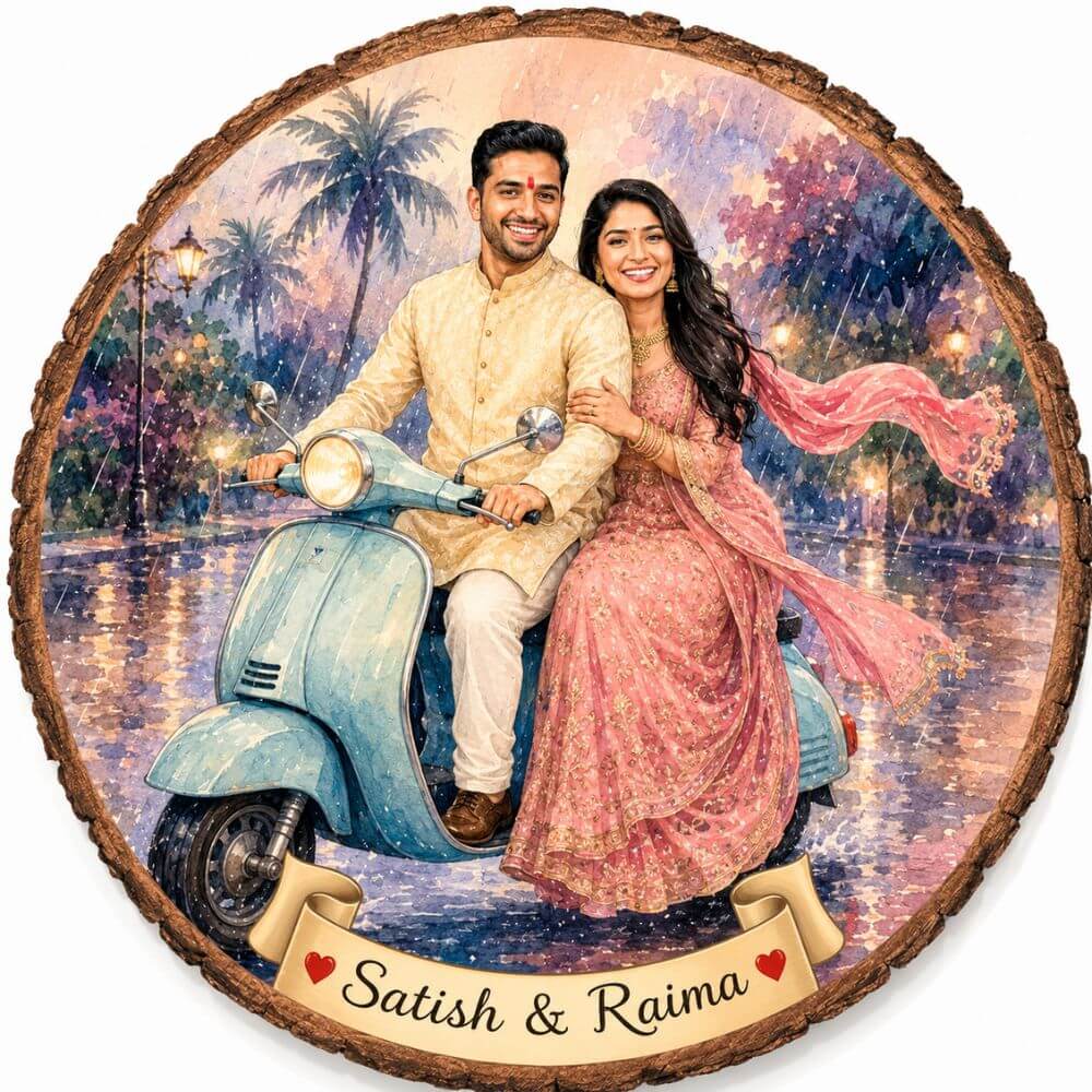 Personalized Couple Caricature Wooden Slice Frame - 6