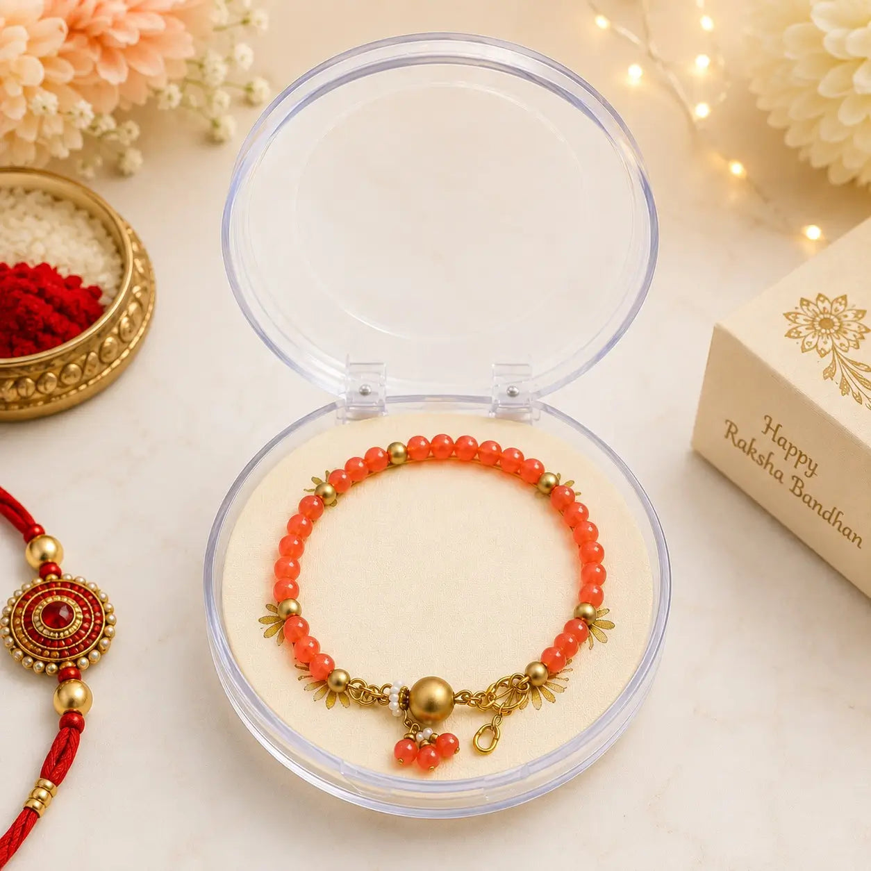 Designer Pearl & Bead Rakhi with Golden Charms |