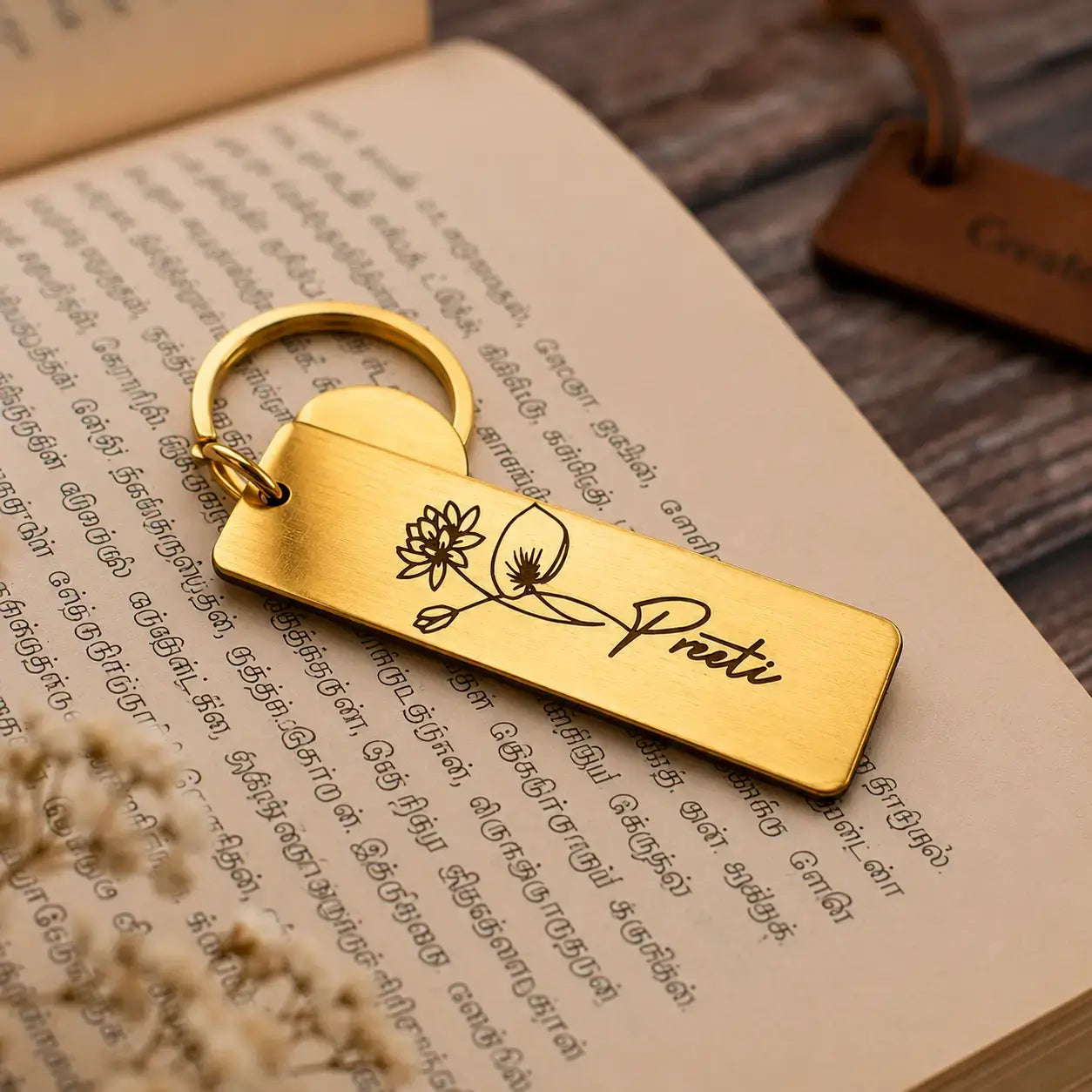 Personalized Name & Flower Engraved Metal Keychains