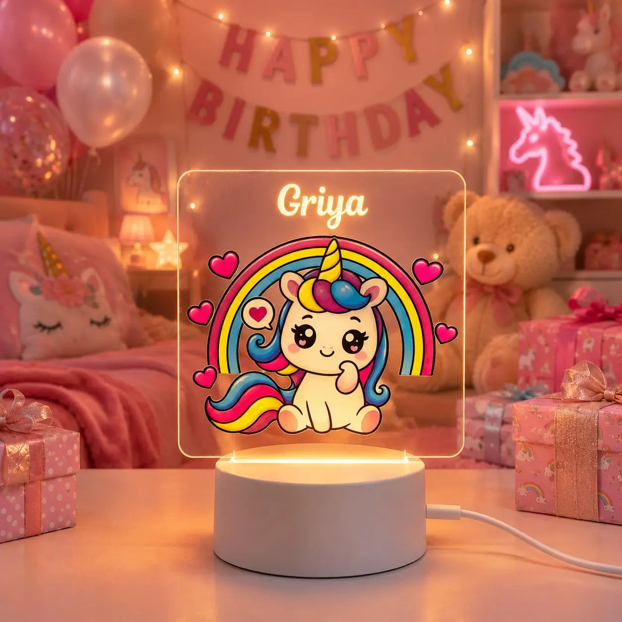 Cute Unicorn Acrylic Lamp with Name |