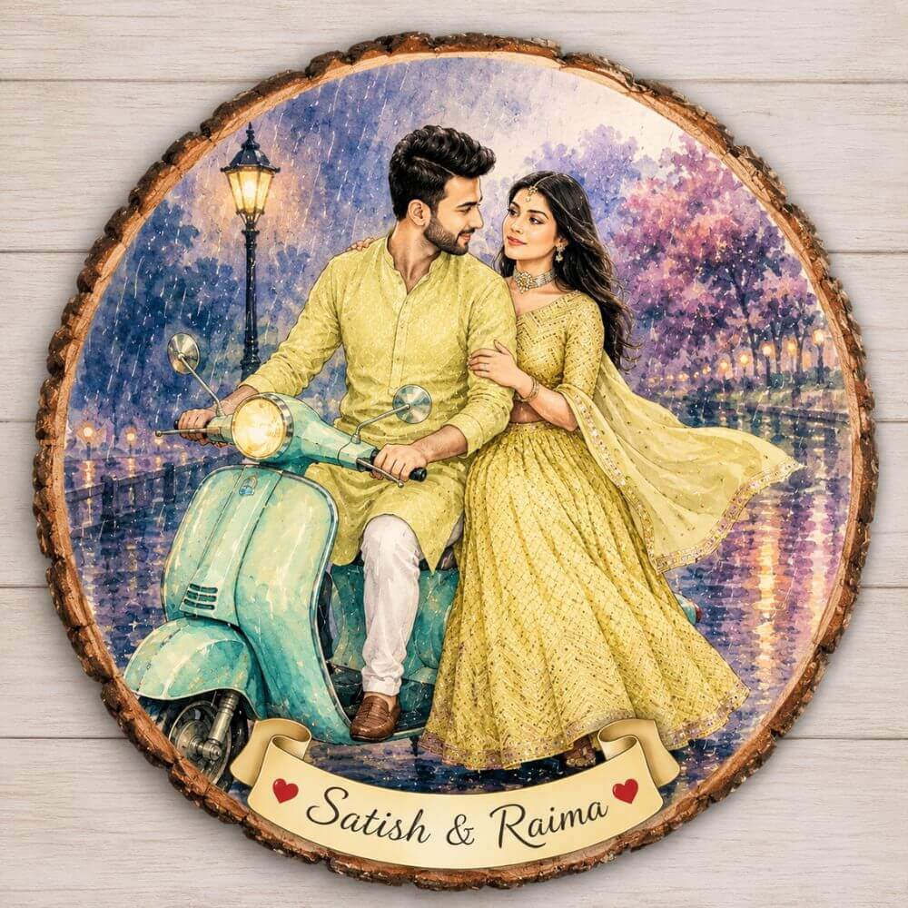 Personalized Couple Caricature Wooden Slice Frame - 3