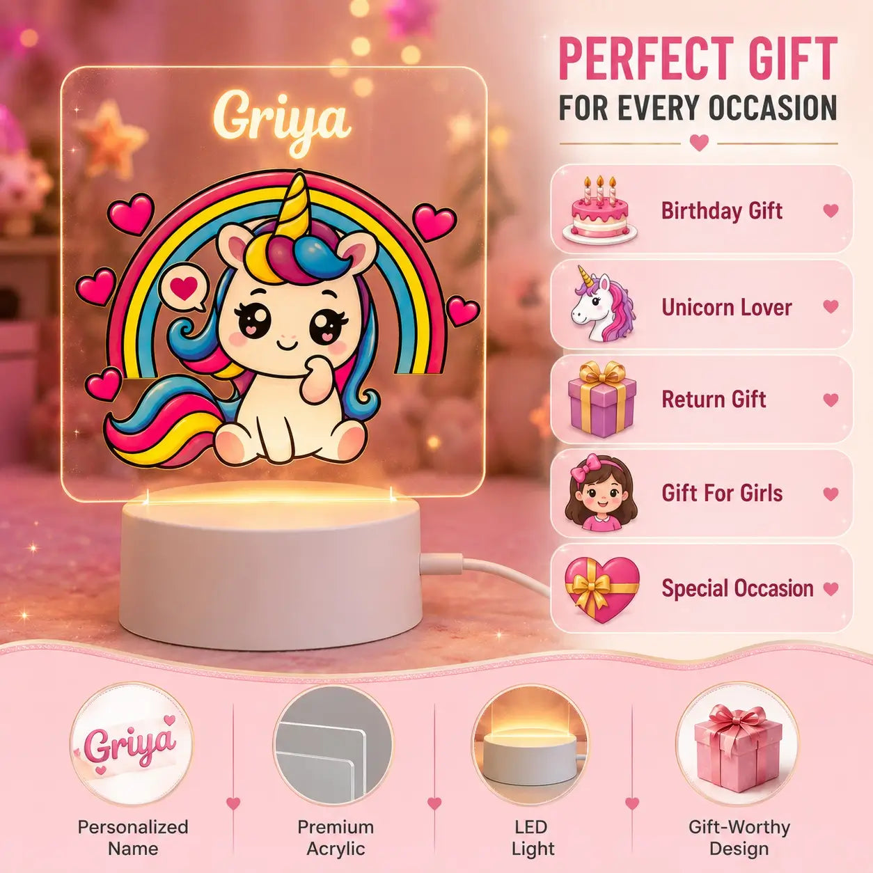 Cute Unicorn Acrylic Lamp with Name |