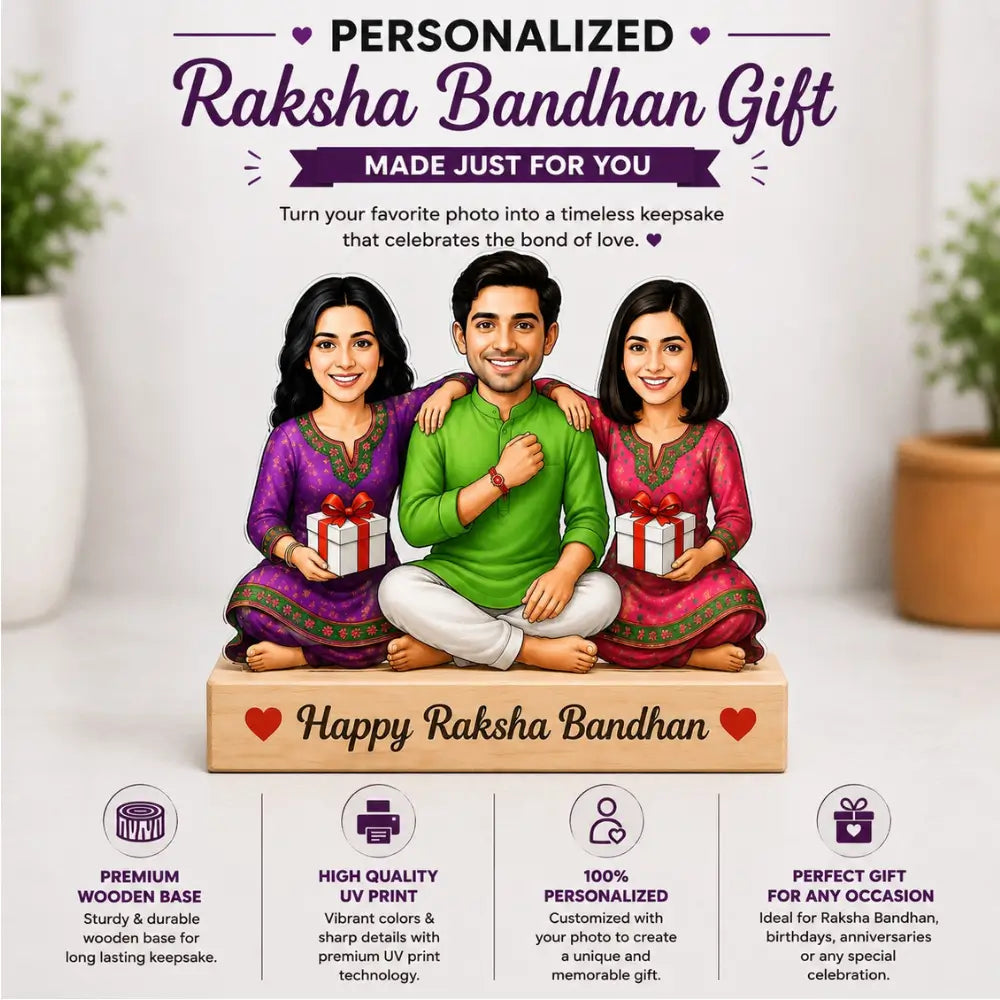 Personalized Rakhi Caricature Gift – Brother with Two Sisters