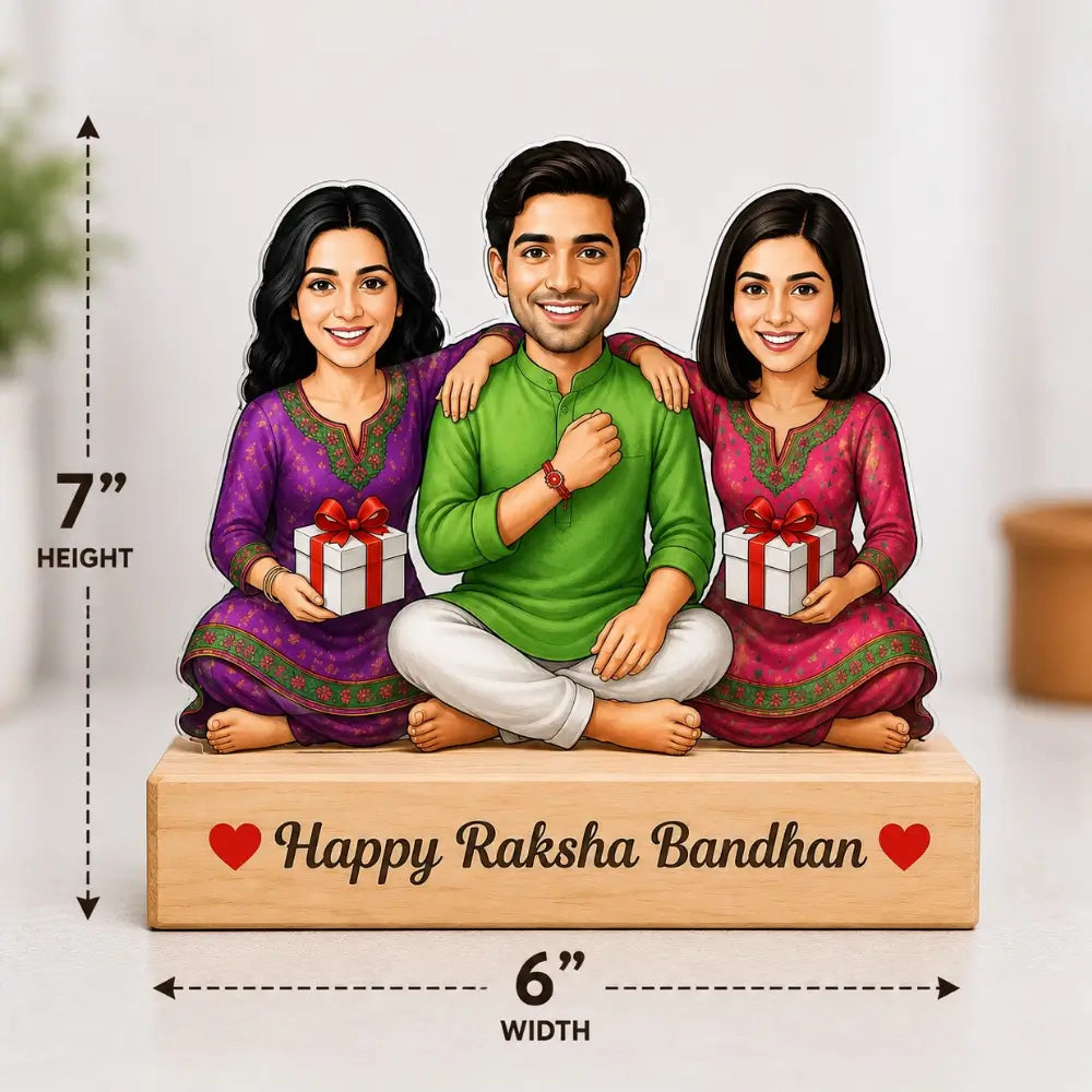 Personalized Rakhi Caricature Gift – Brother with Two Sisters