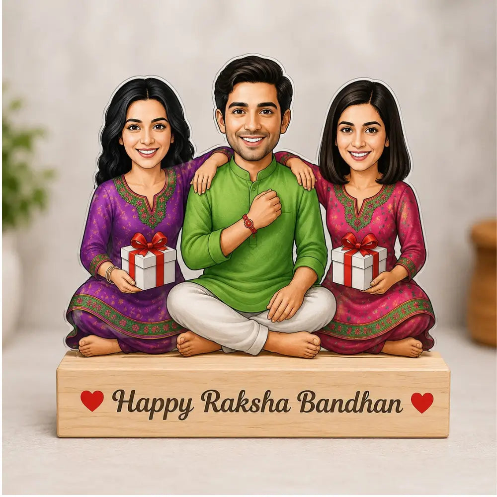 Personalized Rakhi Caricature Gift – Brother with Two Sisters