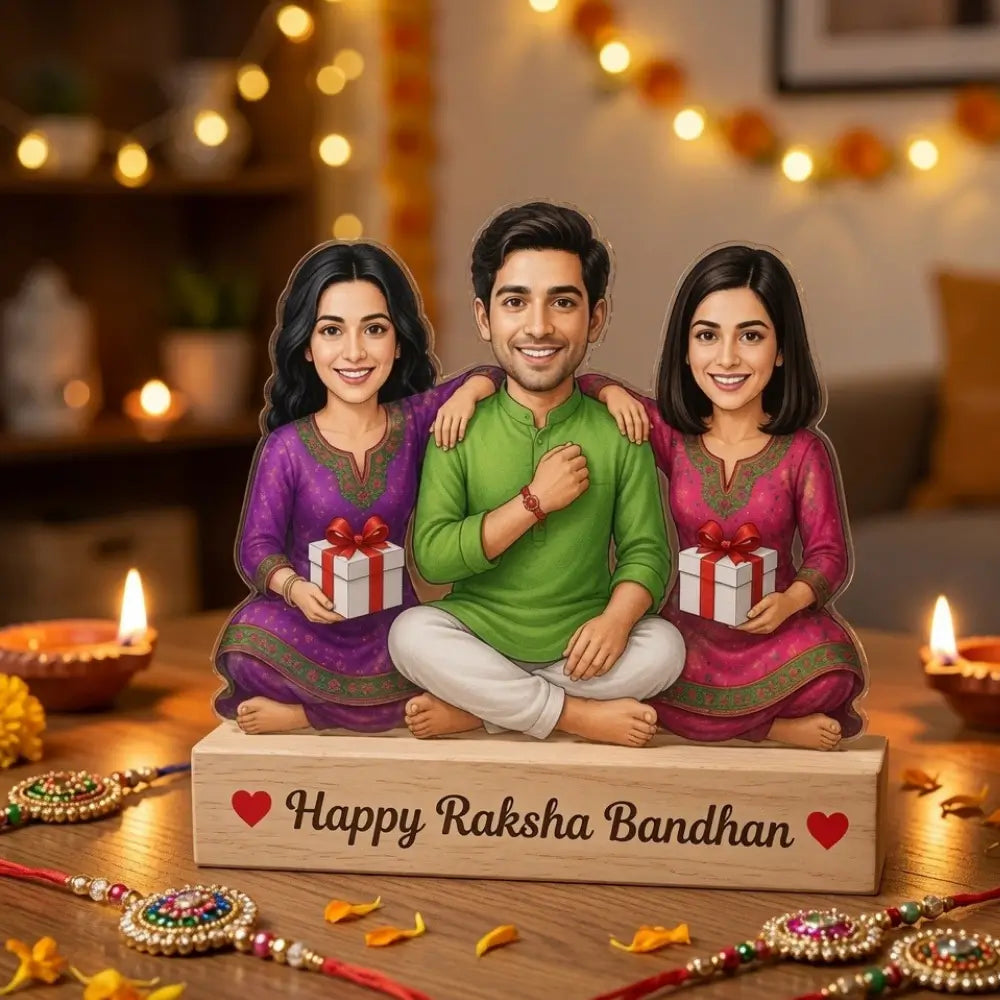 Personalized Rakhi Caricature Gift – Brother with Two Sisters