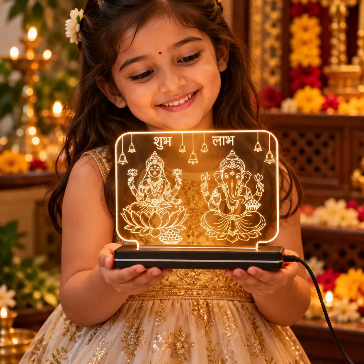 Lakshmi Ganesh LED Acrylic Lamp with Shubh Labh |