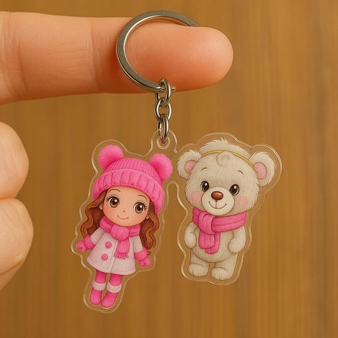 Cute Girl and Teddy Acrylic Keychain Set - 4