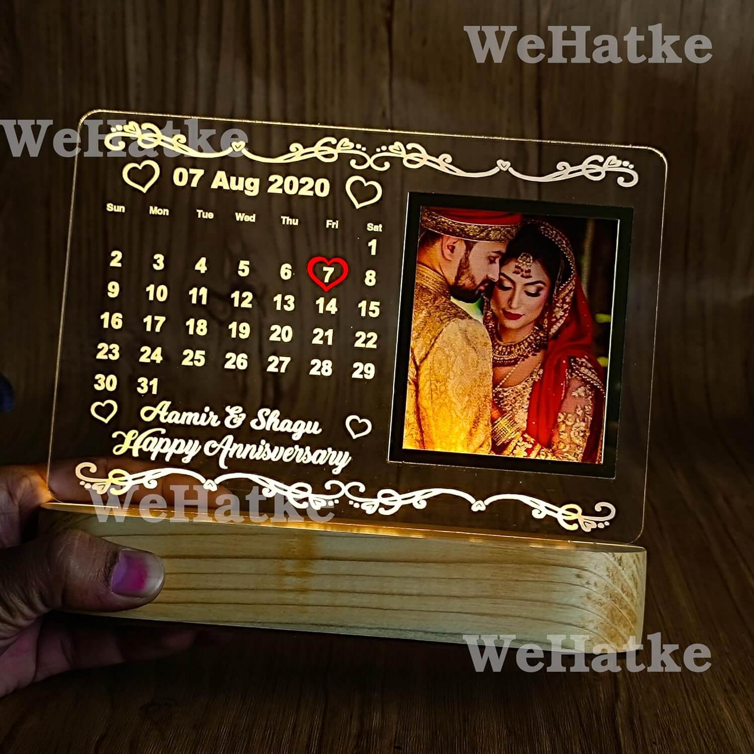 Customized 3D Illusion Calender Lamp With Wooden Base - 2
