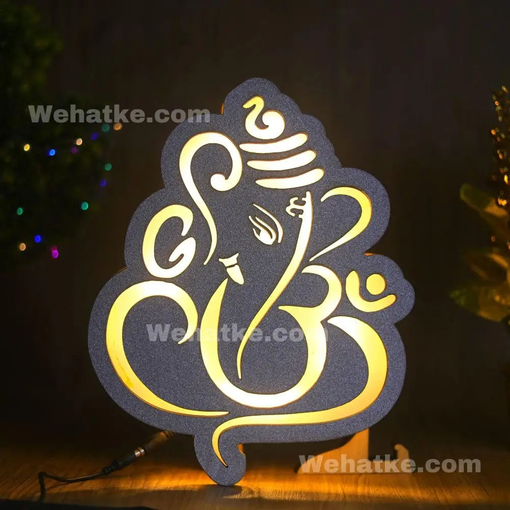 Wooden Lord Ganesha Shaped Silver Wall Decoration Led Light .