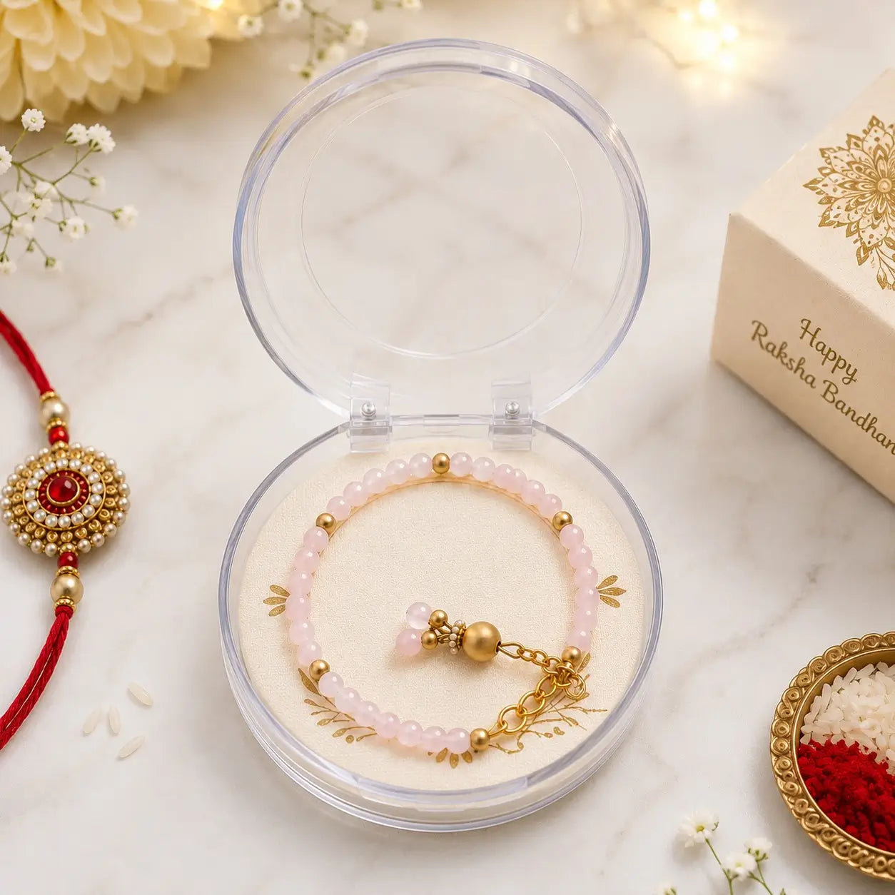 Designer Pearl & Bead Rakhi with Golden Charms |