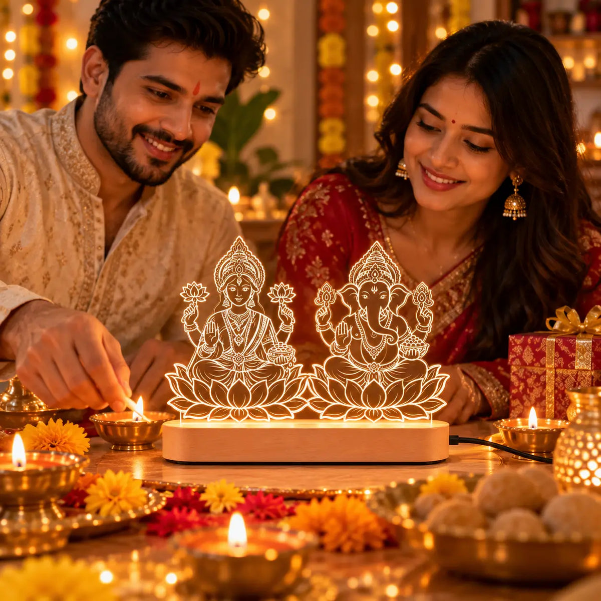 Lakshmi Ganesh Lotus LED Acrylic Night Lamp |
