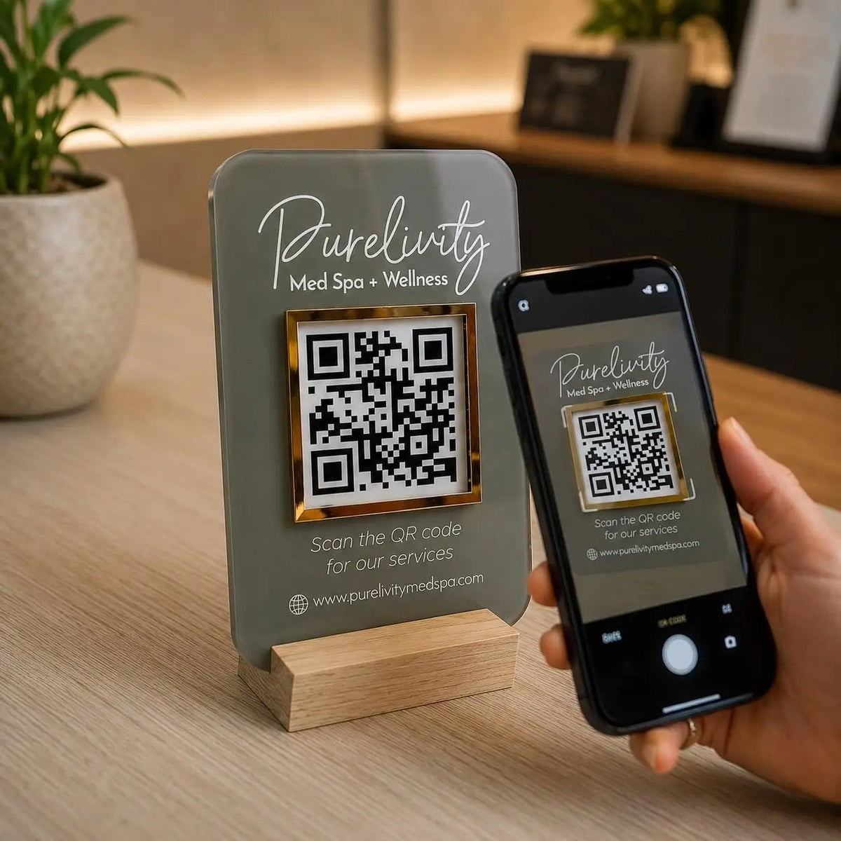 Customized QR Code Display Stand with Wooden Base |