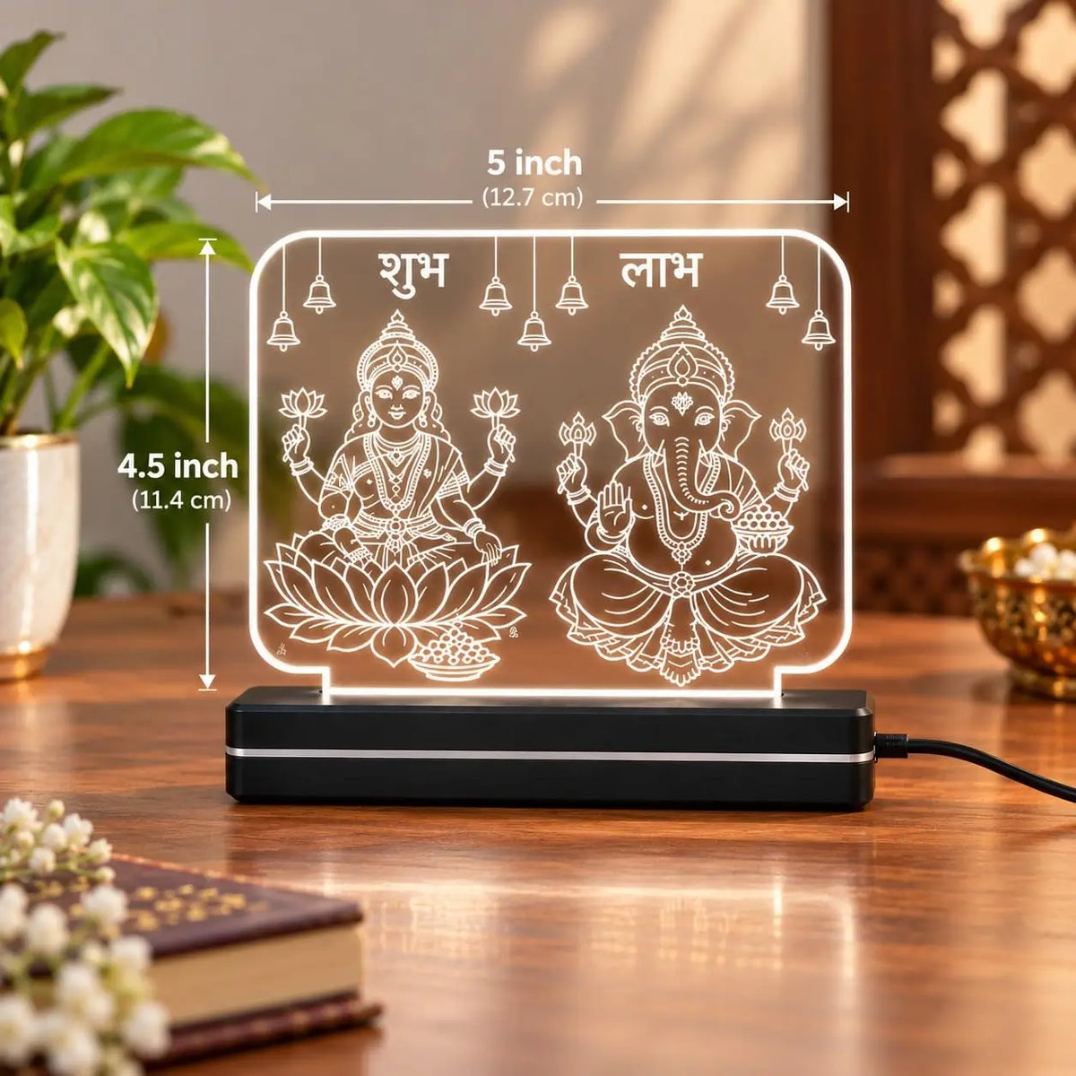 Lakshmi Ganesh LED Acrylic Lamp with Shubh Labh |