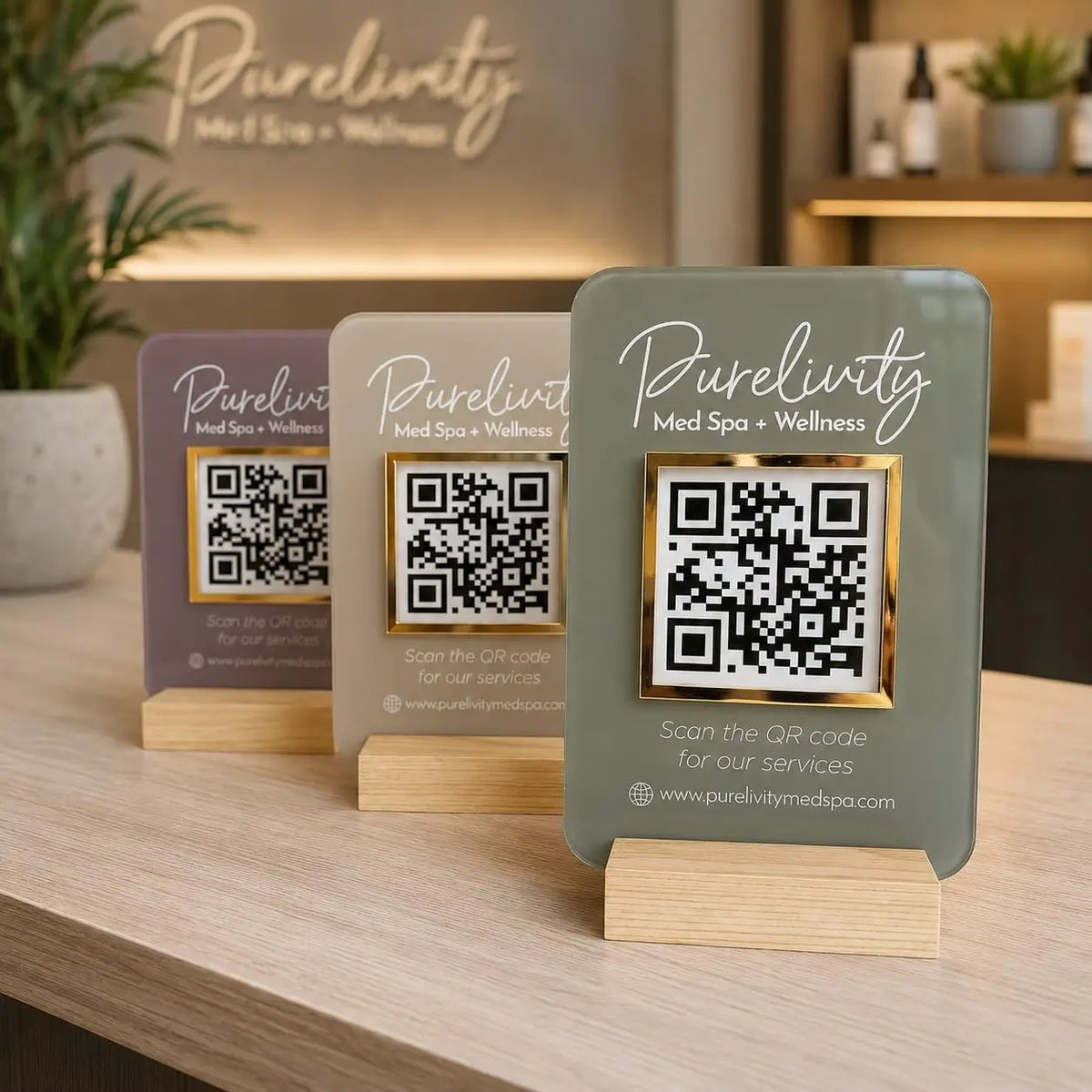 Customized QR Code Display Stand with Wooden Base |