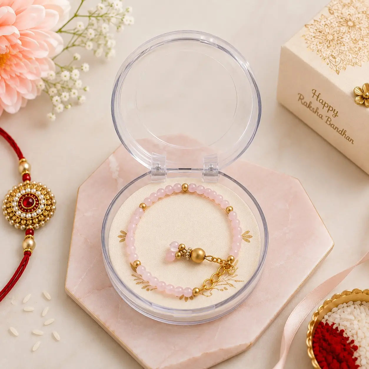 Designer Pearl & Bead Rakhi with Golden Charms |