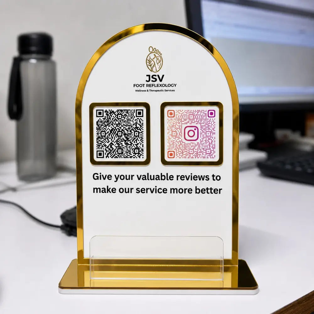 Custom White & Gold Acrylic QR Code Stand with Card Holder