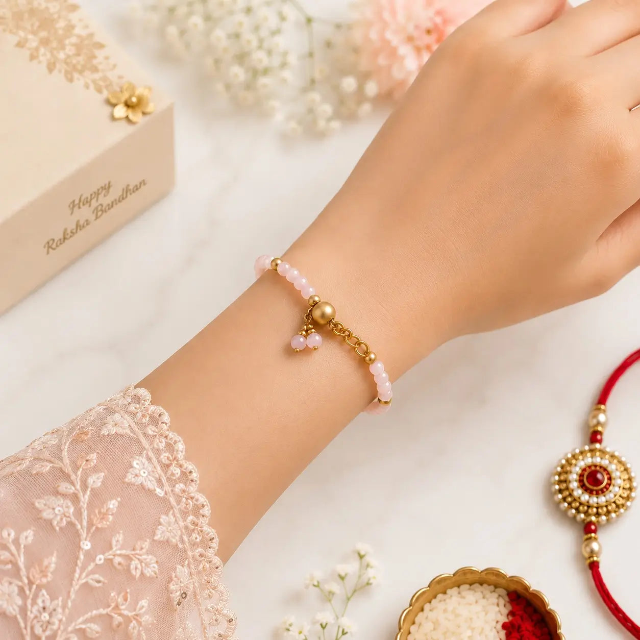 Designer Pearl & Bead Rakhi with Golden Charms |