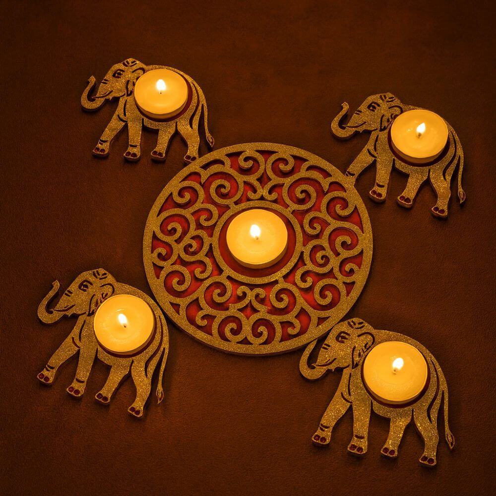Decorative Wooden Rangoli Light Holder (Set of 5) - 3