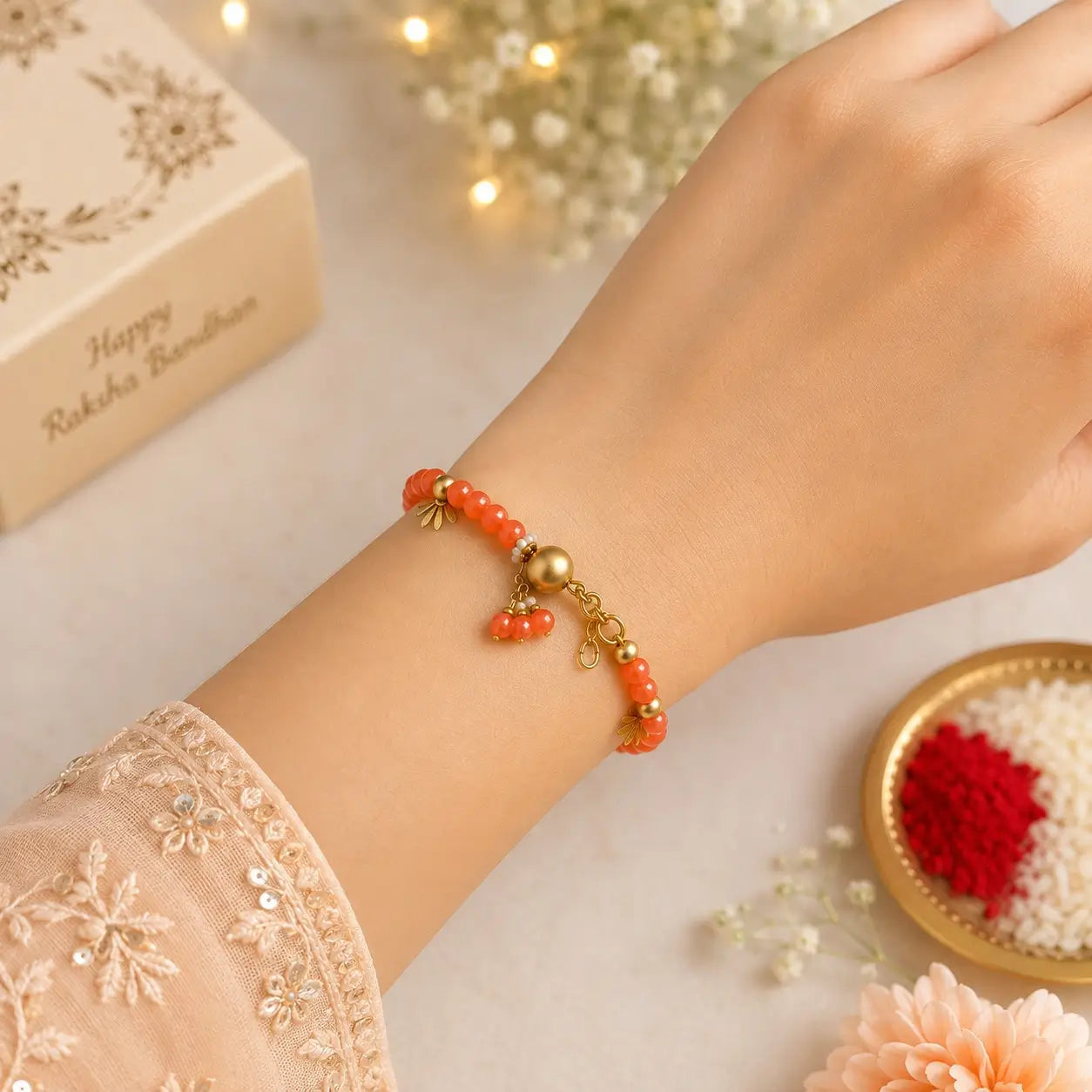 Designer Pearl & Bead Rakhi with Golden Charms |