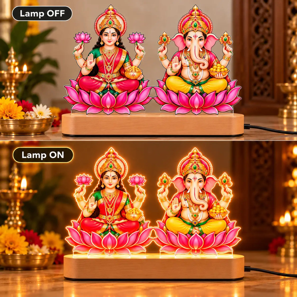 Lakshmi Ganesh LED Table Lamp with Colorful Lotus Artwork |