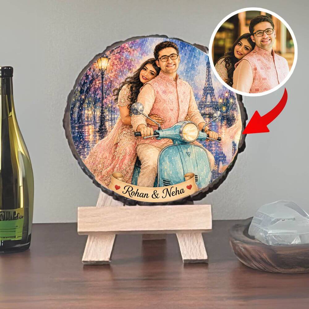 Personalized Couple Caricature Wooden Slice Frame - 9