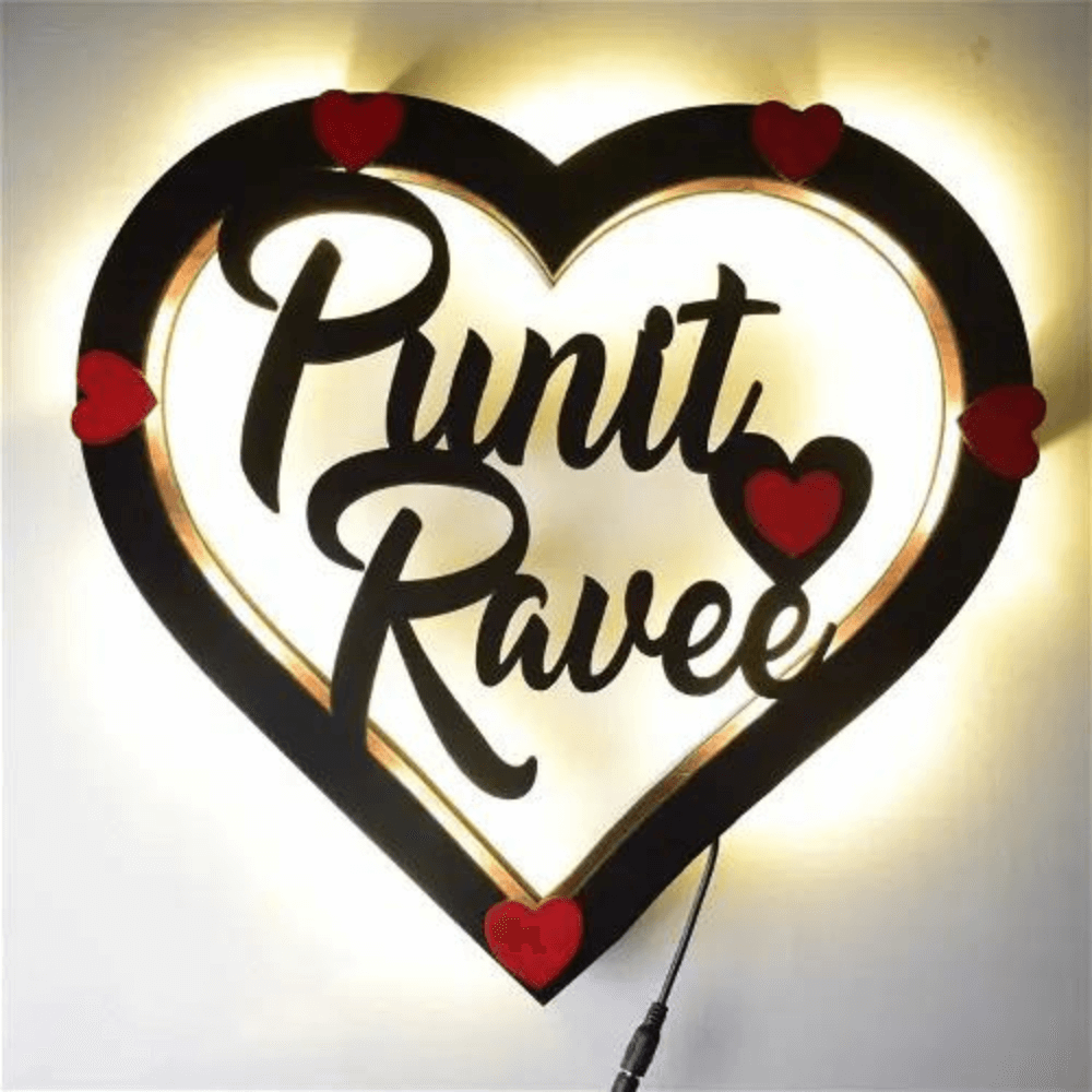 Customized Couple Heart Name Wall Hanging With Led Light - 2