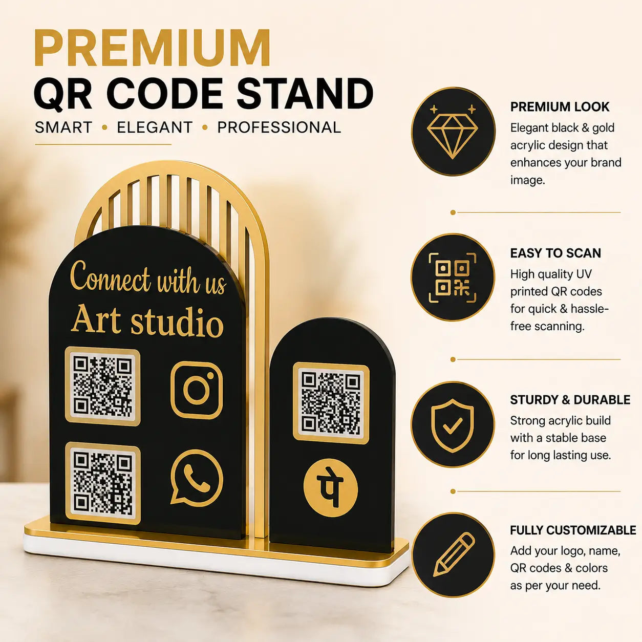 Premium Black & Gold Acrylic QR Code Stand