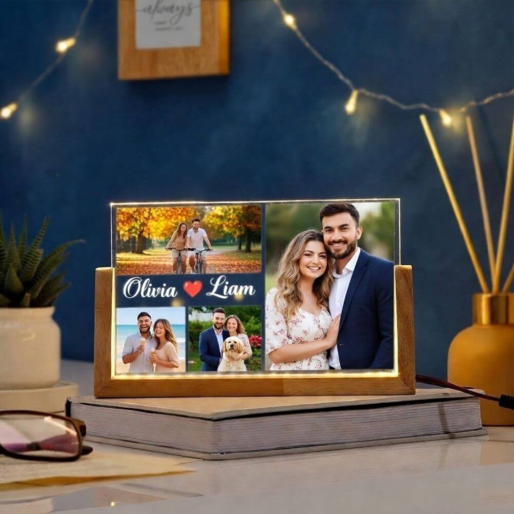 Personalized Anniversary Photo LED Lamp with Wooden Base - 3