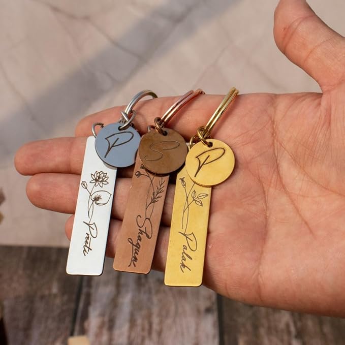 Personalized Name & Flower Engraved Metal Keychains - 2