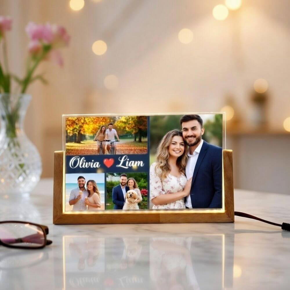 Personalized Anniversary Photo LED Lamp with Wooden Base